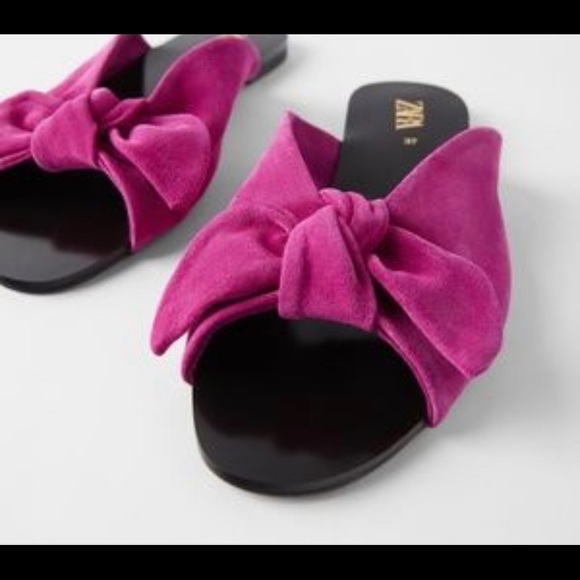 Zara Shoes - ZARA Fuchsia Pink Suede Bow Slide Flat